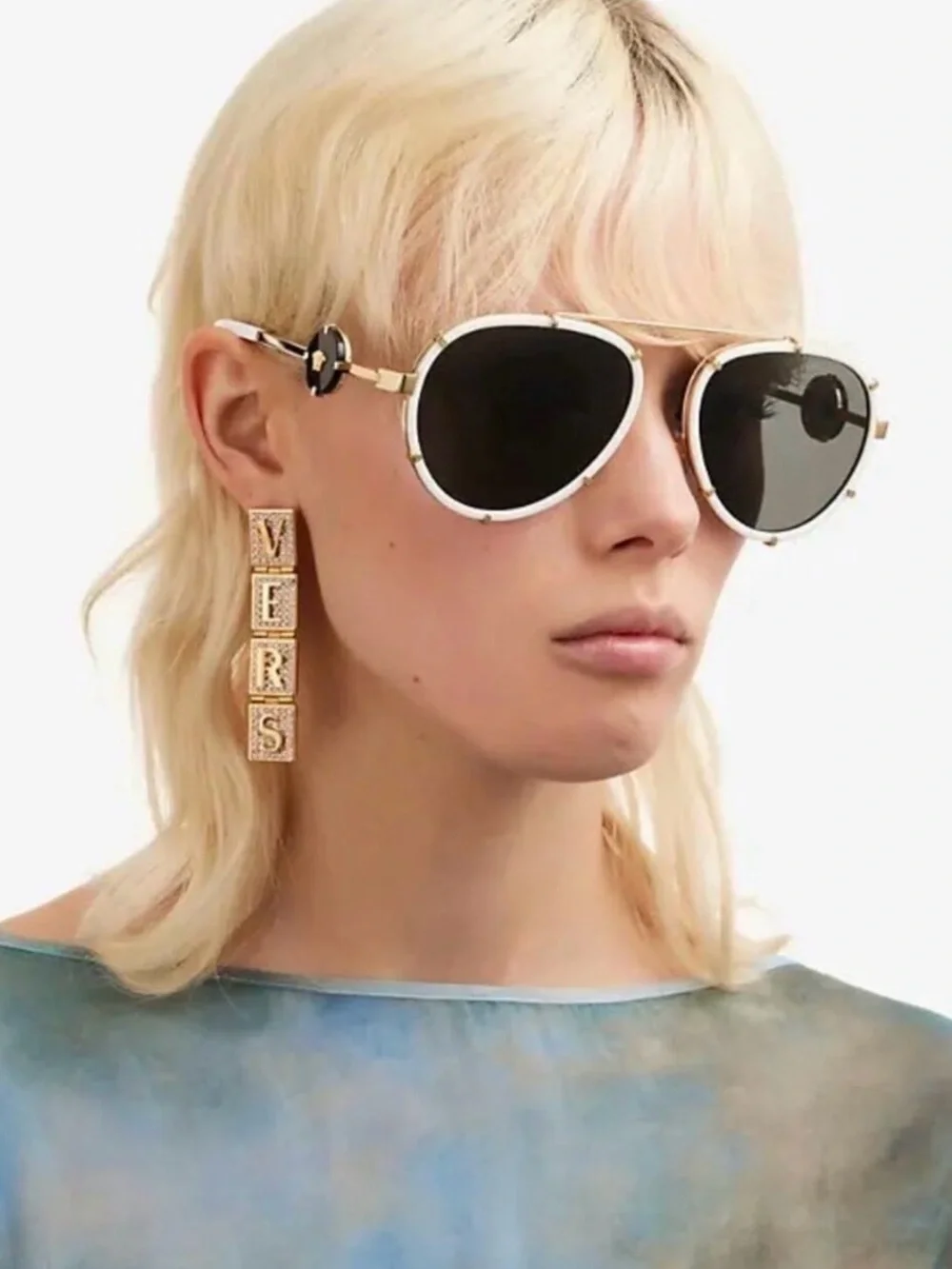 Versace White/Gold Metal Aviator pilot Sunglasses with dramatic logo on temples